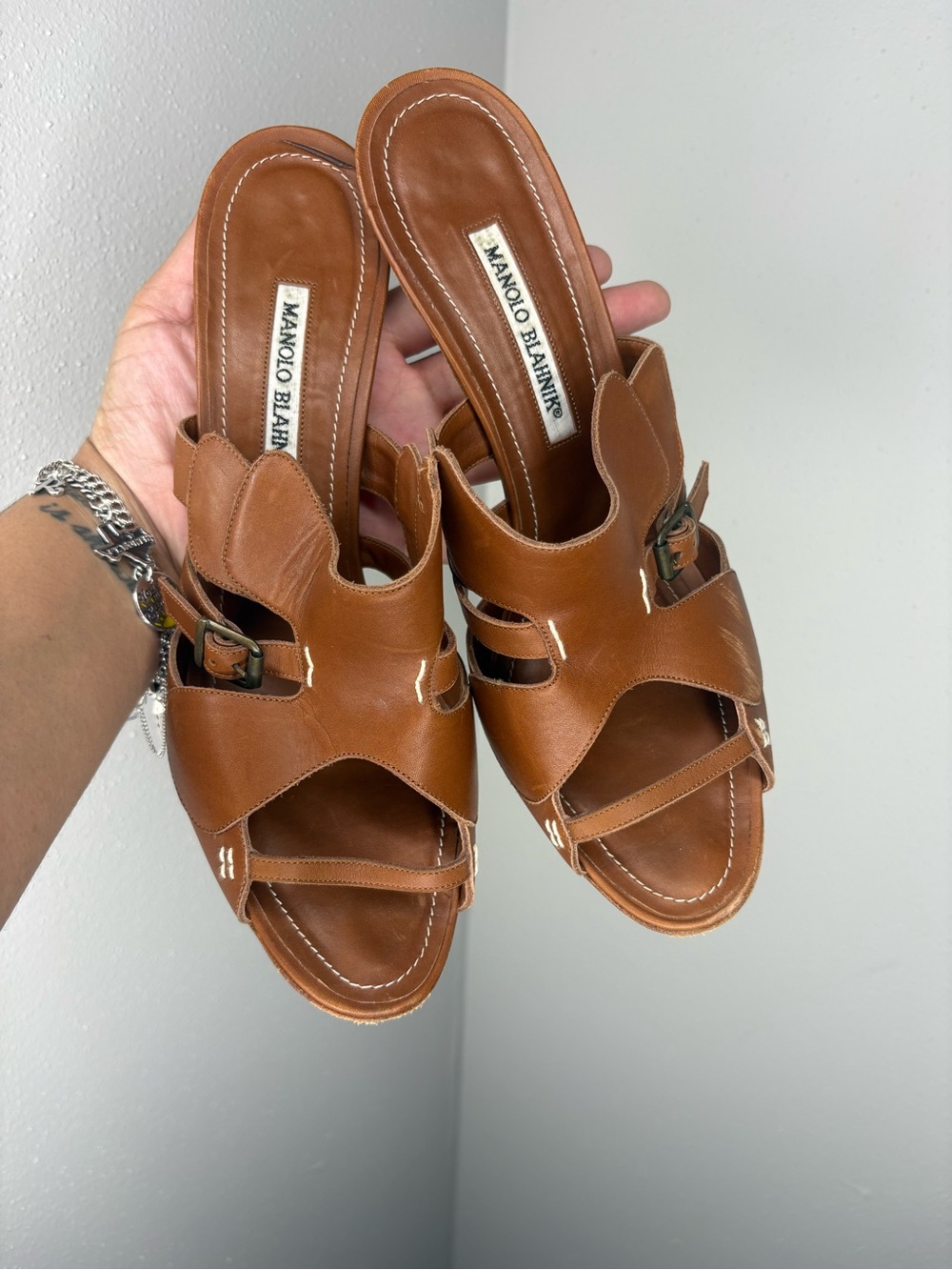 Manolo Blahnik Brown Leather Slide Mules with Buckle Detail